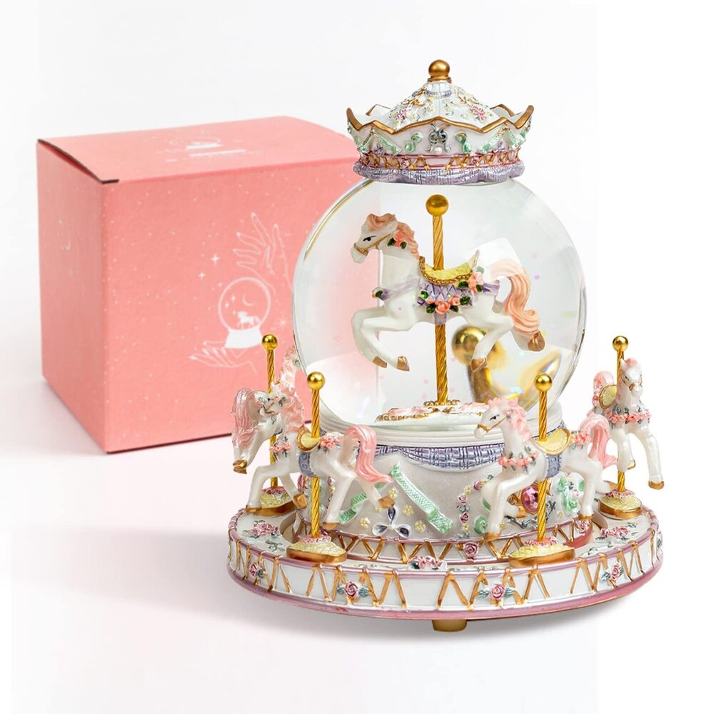 8650 Gift Wrapped Carousel Horse Unicorn Music Box Snow Globe Color